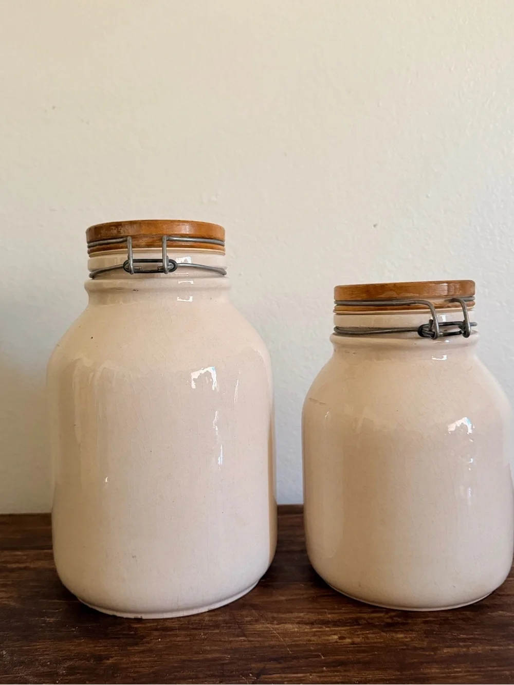 Vintage Cream Ceramic Cow Canisters with Wood Lids